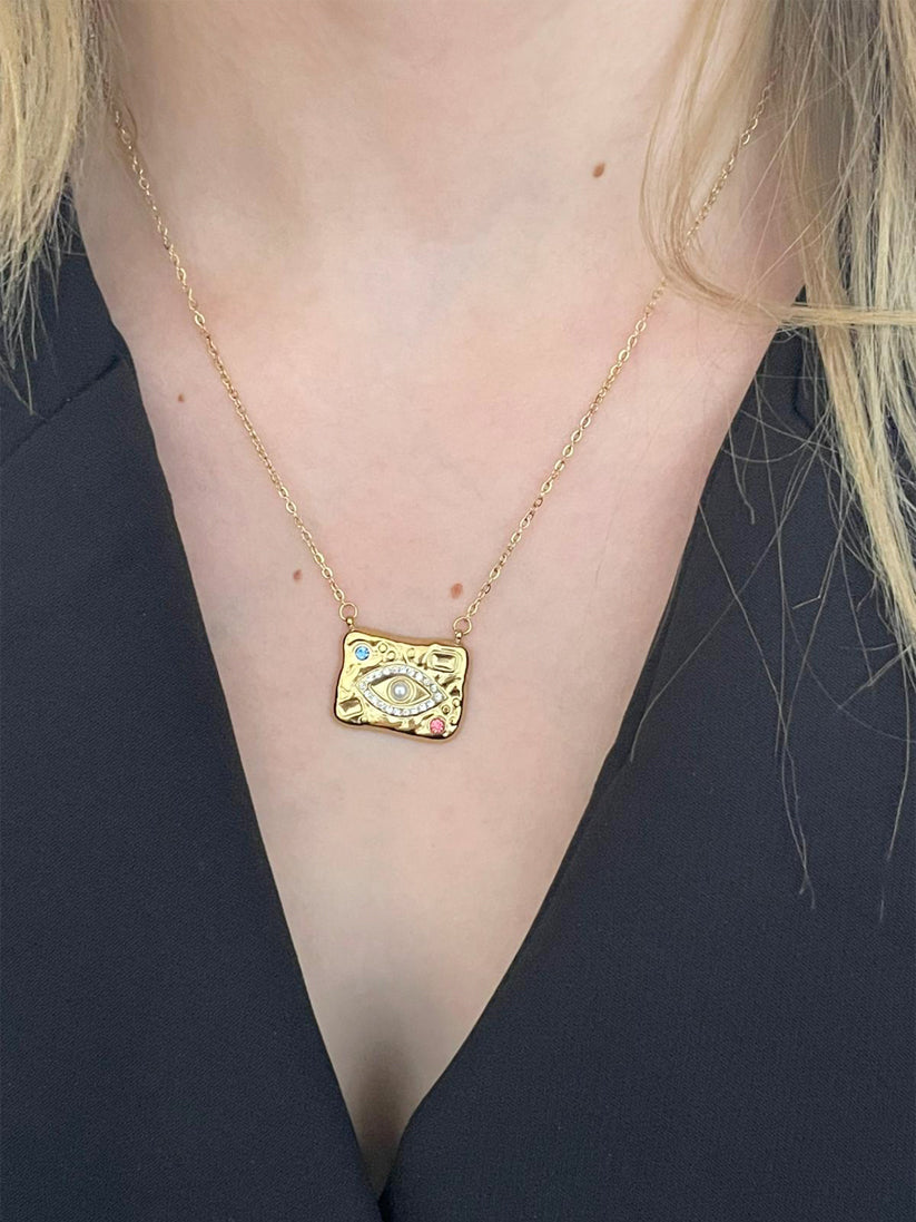 Etnik Göz Taşlı Plaka Kolye