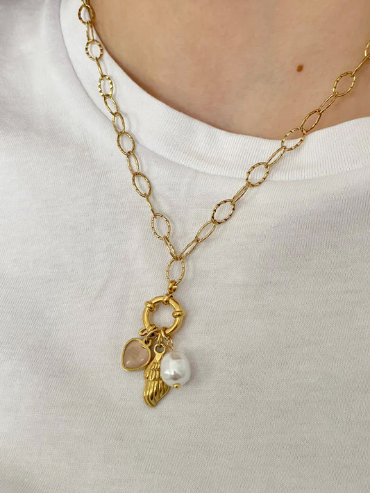 Doğal Taşlı İncili İstiridye Charm Kolye