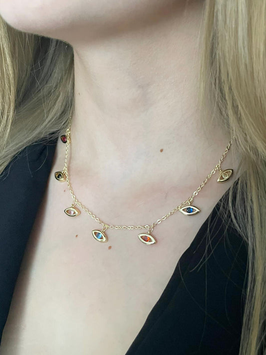 Renkli Zirkon Göz Charmlı Kolye