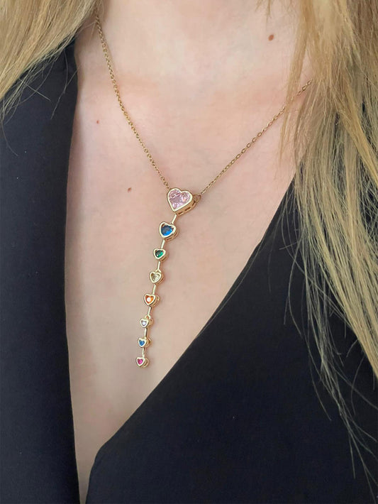 Renkli Taşlı Kalpli Y Kolye