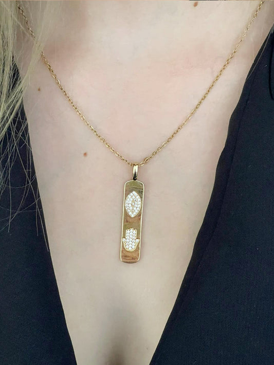 Zirkon Taşlı Fatma Ana El & Göz Kolye