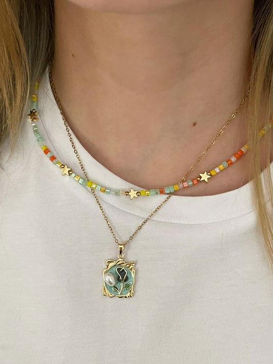 İncili Mavi Plaka Art Kolye